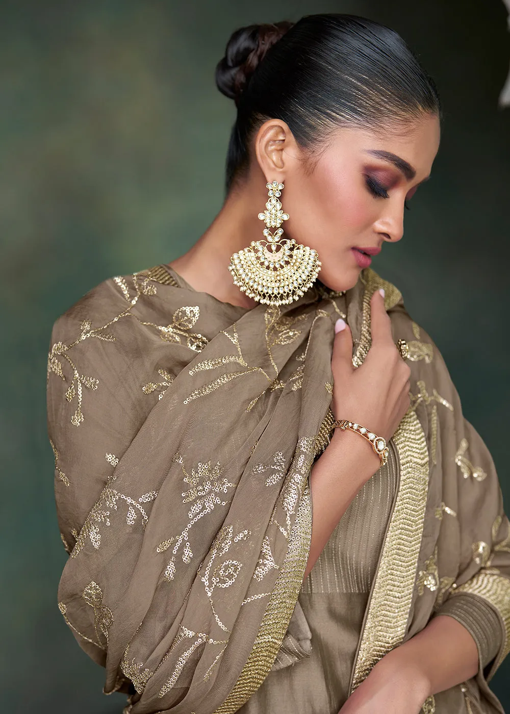 Pure Silk Brown Embroidered Reception Wear Palazzo Suit