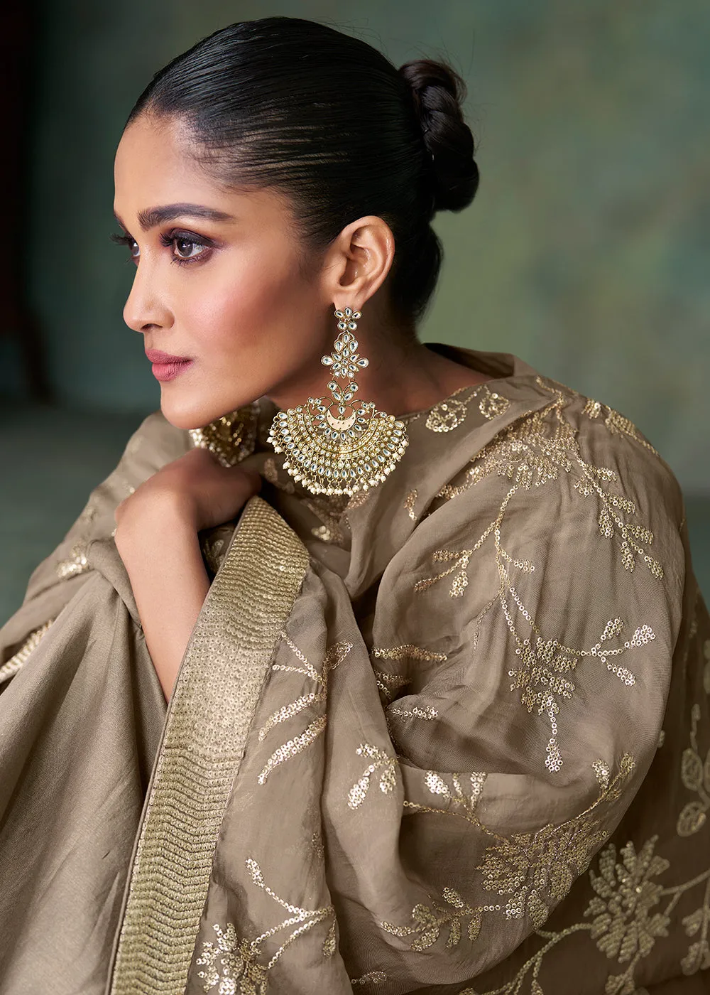 Pure Silk Brown Embroidered Reception Wear Palazzo Suit