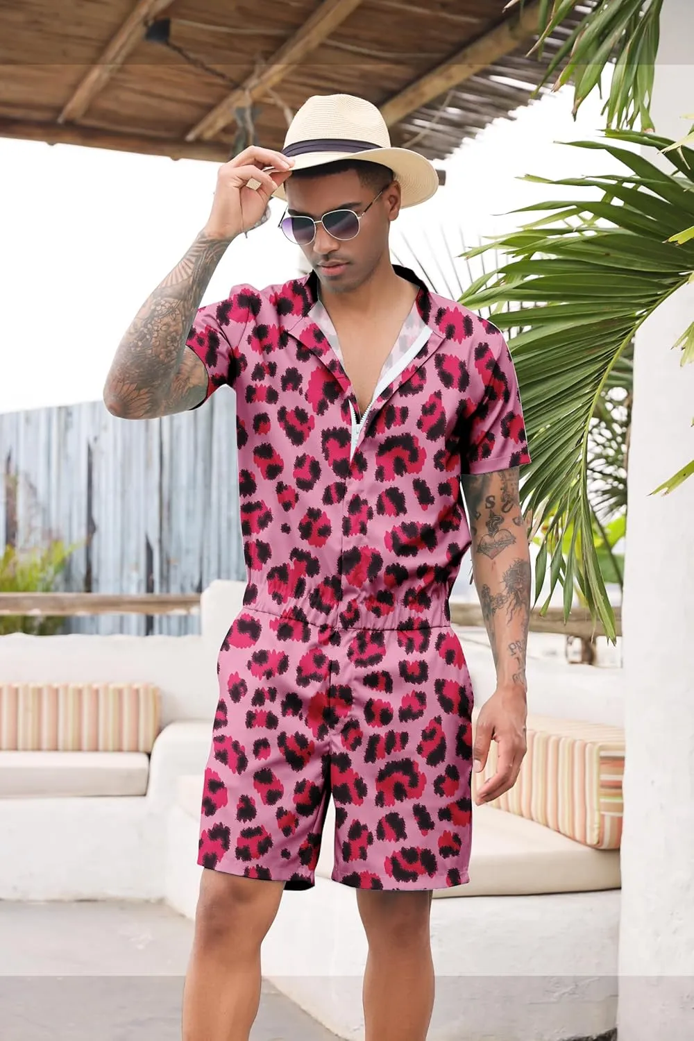 RAISEVERN Mens Romper Zipper Jumpsuit Male Shorts Sleeve One Piece Overalls Bro Outfits