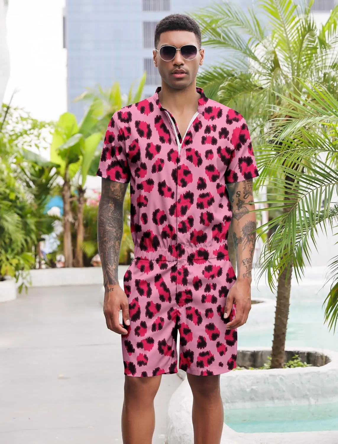 RAISEVERN Mens Romper Zipper Jumpsuit Male Shorts Sleeve One Piece Overalls Bro Outfits