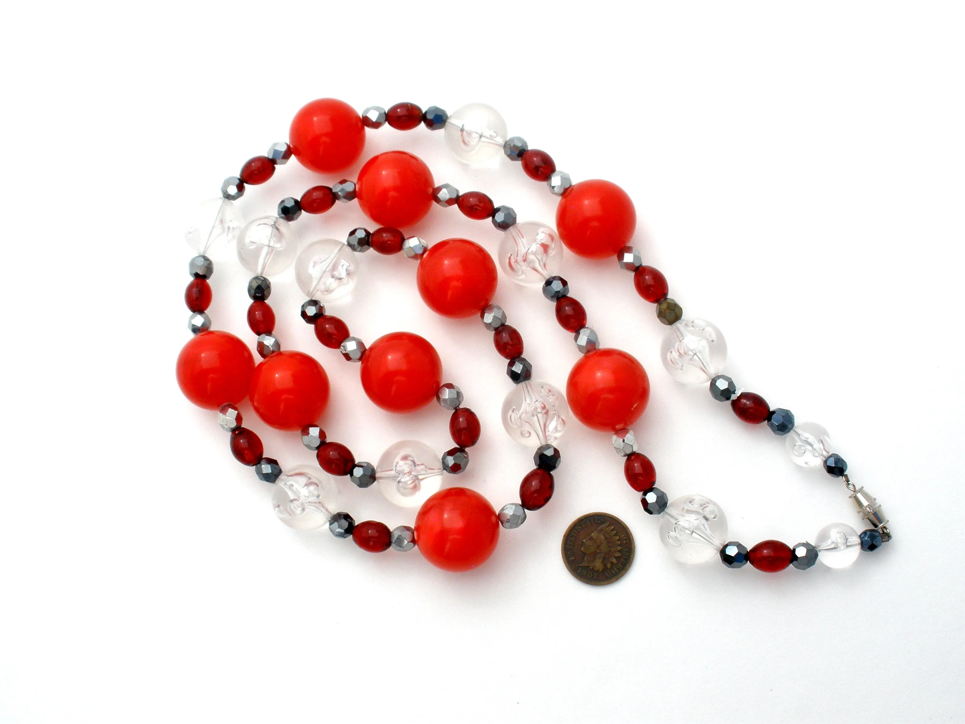 Red Black & Silver Lucite Bead Necklace