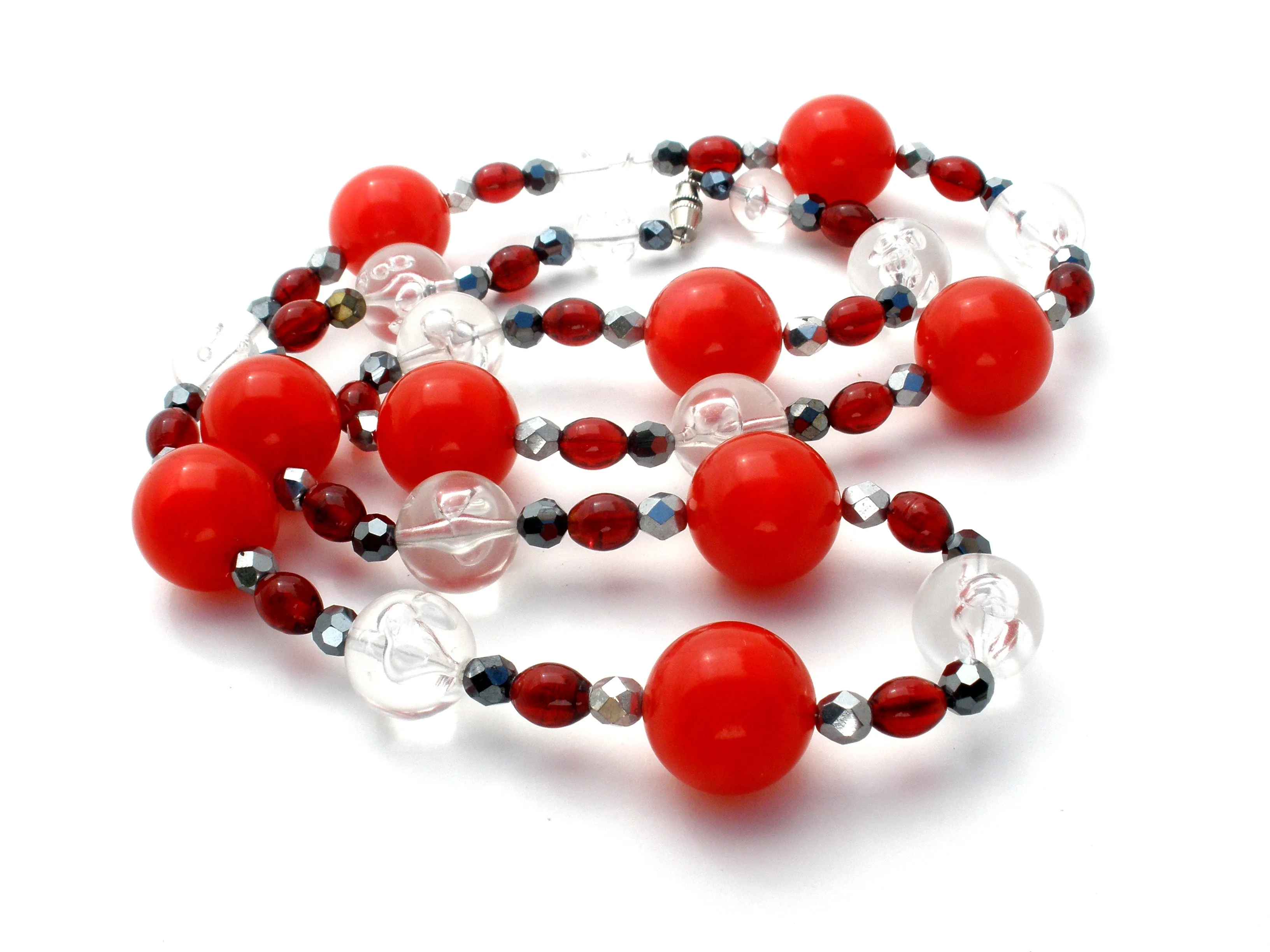 Red Black & Silver Lucite Bead Necklace