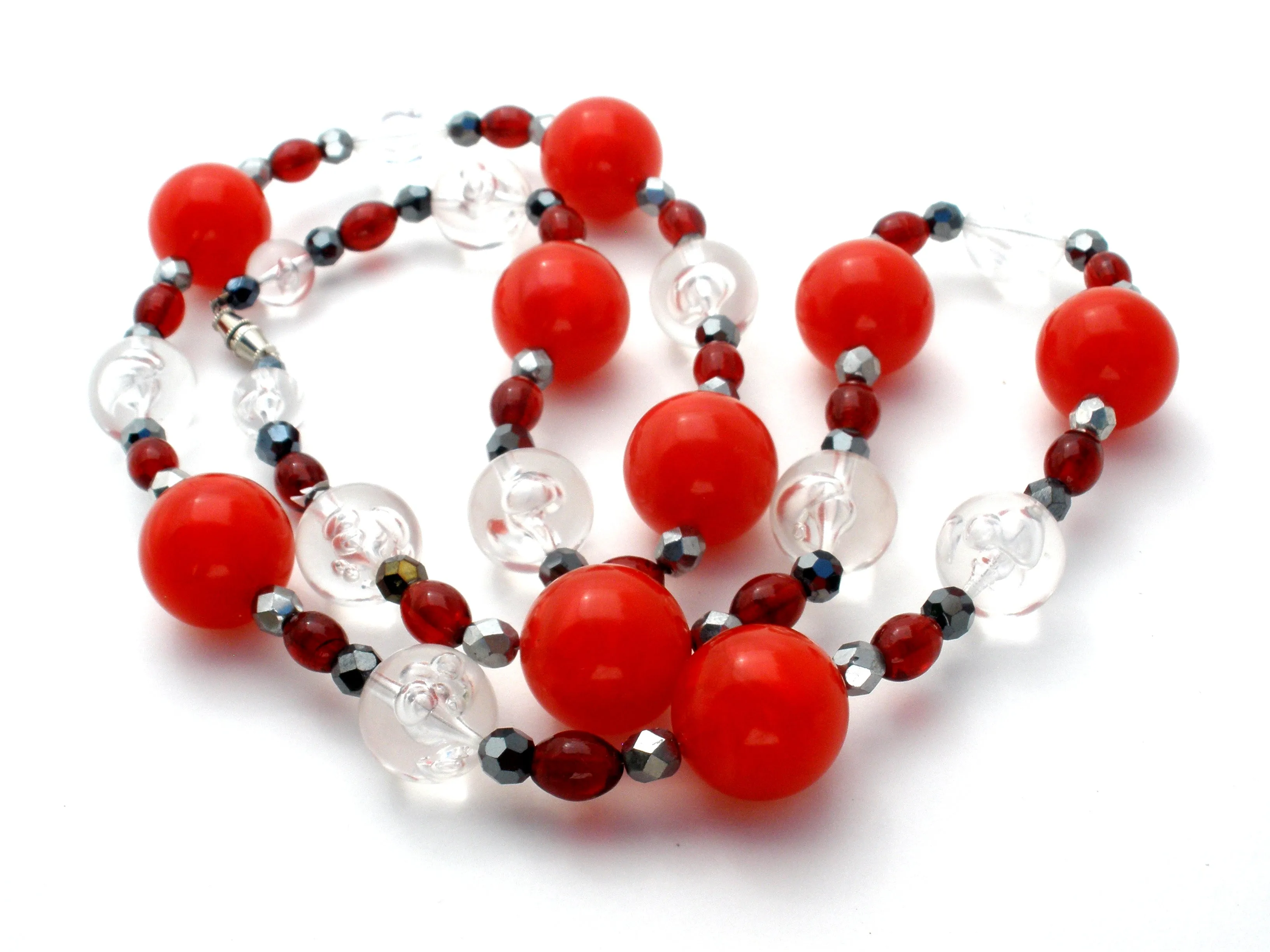 Red Black & Silver Lucite Bead Necklace
