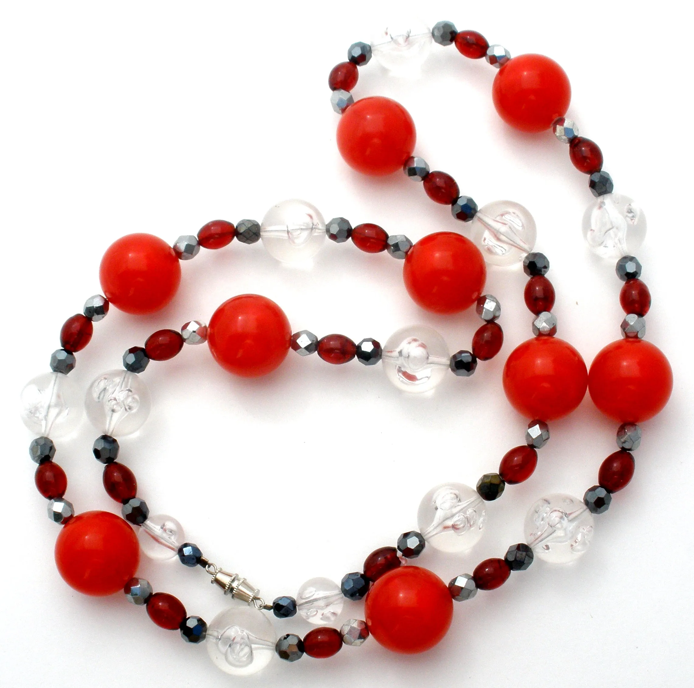 Red Black & Silver Lucite Bead Necklace