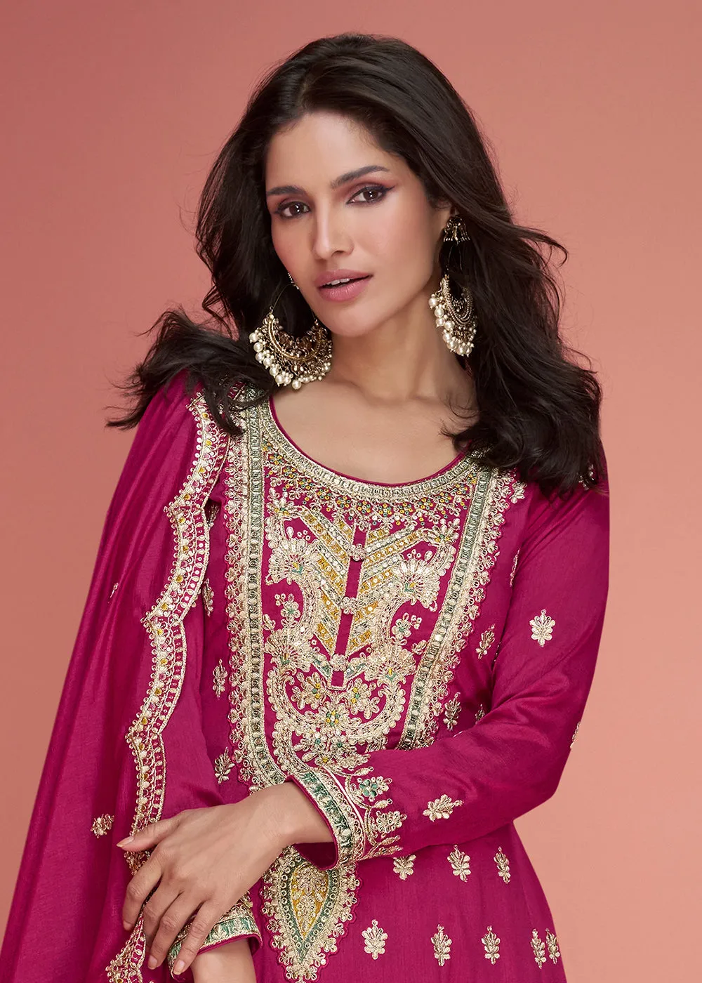 Resham Thread Embroidered Pink Festive Palazzo Suit