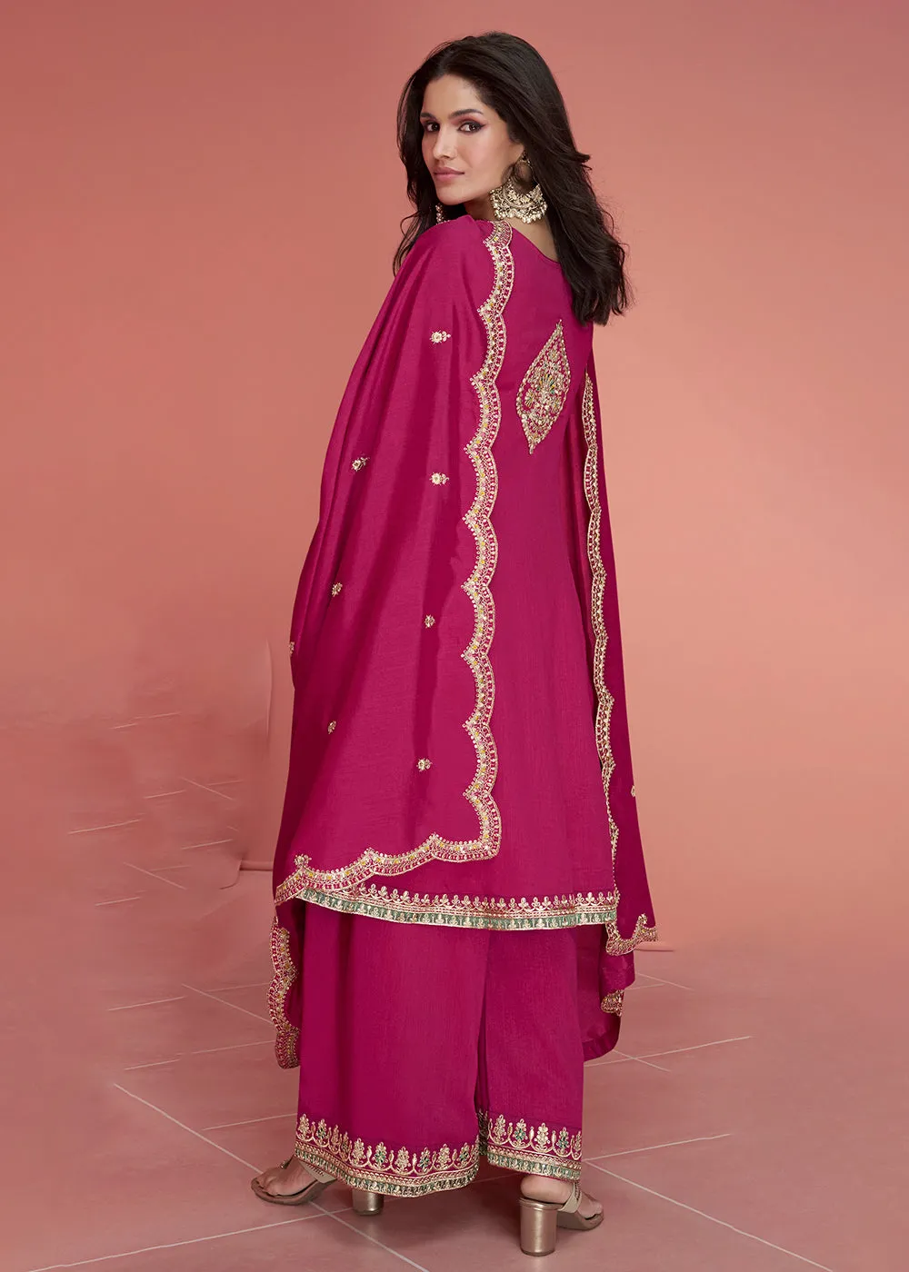Resham Thread Embroidered Pink Festive Palazzo Suit