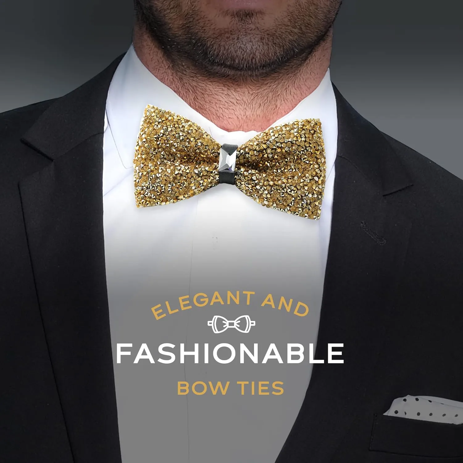 Rhinestone Bow Ties for Men - Pre Tied Sequin Bowties Men with Adjustable Length, Jewel Bow Tie