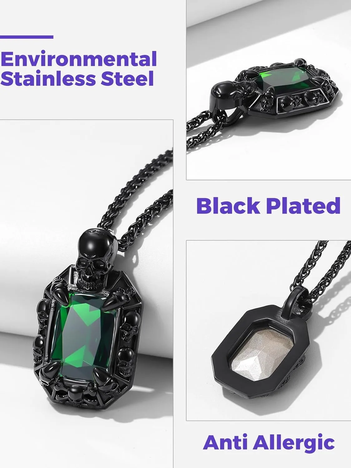 Richsteel Vintage Stone Pendant Punk Necklace for Men Women, Ruby/Blue Topaz/Emerald/Black Onyx, Skull/Cubic Zircon Gothic Necklace