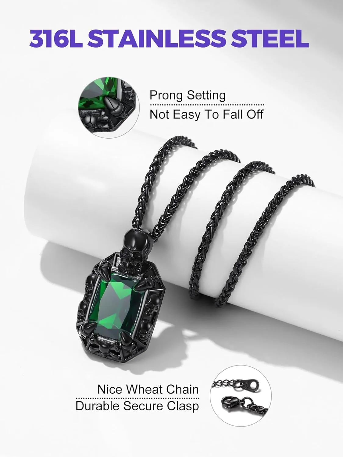 Richsteel Vintage Stone Pendant Punk Necklace for Men Women, Ruby/Blue Topaz/Emerald/Black Onyx, Skull/Cubic Zircon Gothic Necklace