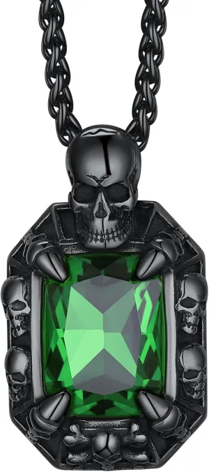 Richsteel Vintage Stone Pendant Punk Necklace for Men Women, Ruby/Blue Topaz/Emerald/Black Onyx, Skull/Cubic Zircon Gothic Necklace