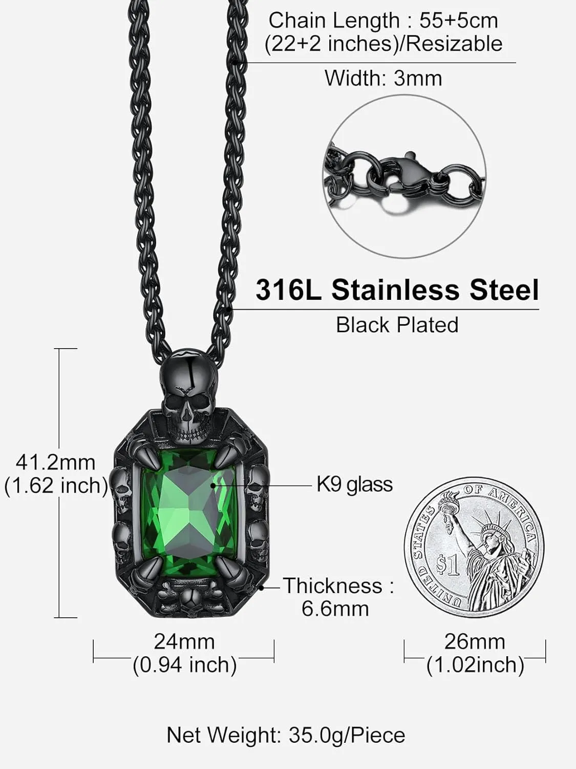 Richsteel Vintage Stone Pendant Punk Necklace for Men Women, Ruby/Blue Topaz/Emerald/Black Onyx, Skull/Cubic Zircon Gothic Necklace