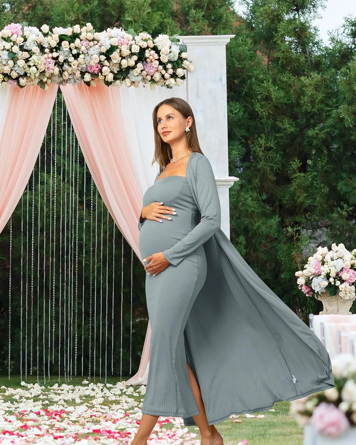 Rnxrbb 2 Piece Maternity Dress Cardigan Baby Shower Wedding Guest Summer Gender Reveal Photoshoot Tube Maternity Dress Long