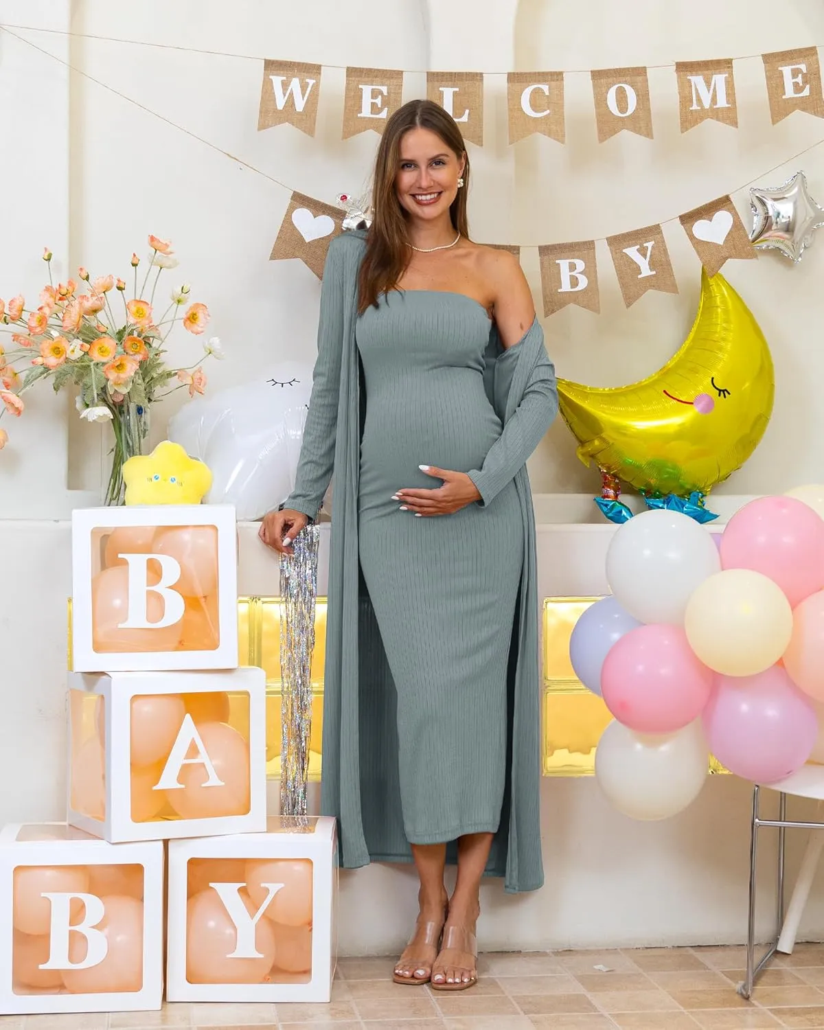 Rnxrbb 2 Piece Maternity Dress Cardigan Baby Shower Wedding Guest Summer Gender Reveal Photoshoot Tube Maternity Dress Long