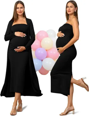 Rnxrbb 2 Piece Maternity Dress Cardigan Baby Shower Wedding Guest Summer Gender Reveal Photoshoot Tube Maternity Dress Long