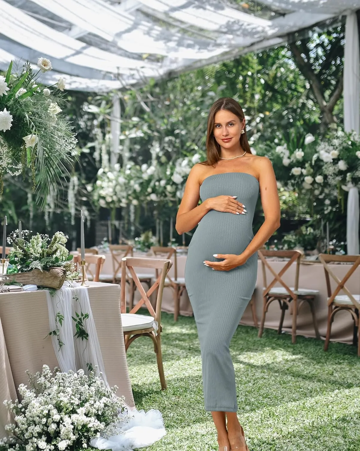 Rnxrbb 2 Piece Maternity Dress Cardigan Baby Shower Wedding Guest Summer Gender Reveal Photoshoot Tube Maternity Dress Long