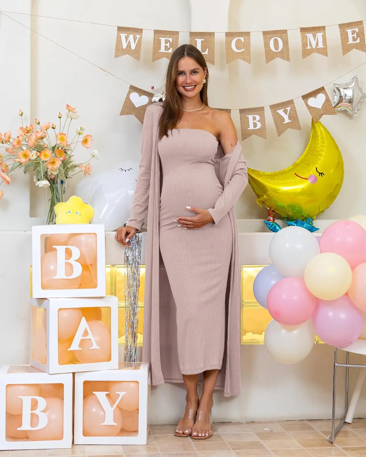 Rnxrbb 2 Piece Maternity Dress Cardigan Baby Shower Wedding Guest Summer Gender Reveal Photoshoot Tube Maternity Dress Long