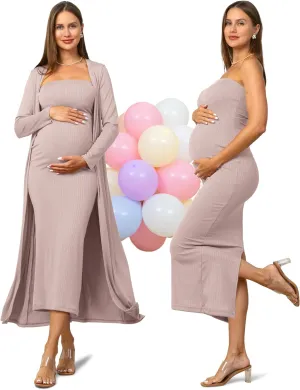 Rnxrbb 2 Piece Maternity Dress Cardigan Baby Shower Wedding Guest Summer Gender Reveal Photoshoot Tube Maternity Dress Long