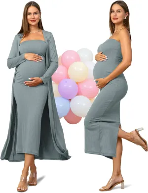 Rnxrbb 2 Piece Maternity Dress Cardigan Baby Shower Wedding Guest Summer Gender Reveal Photoshoot Tube Maternity Dress Long