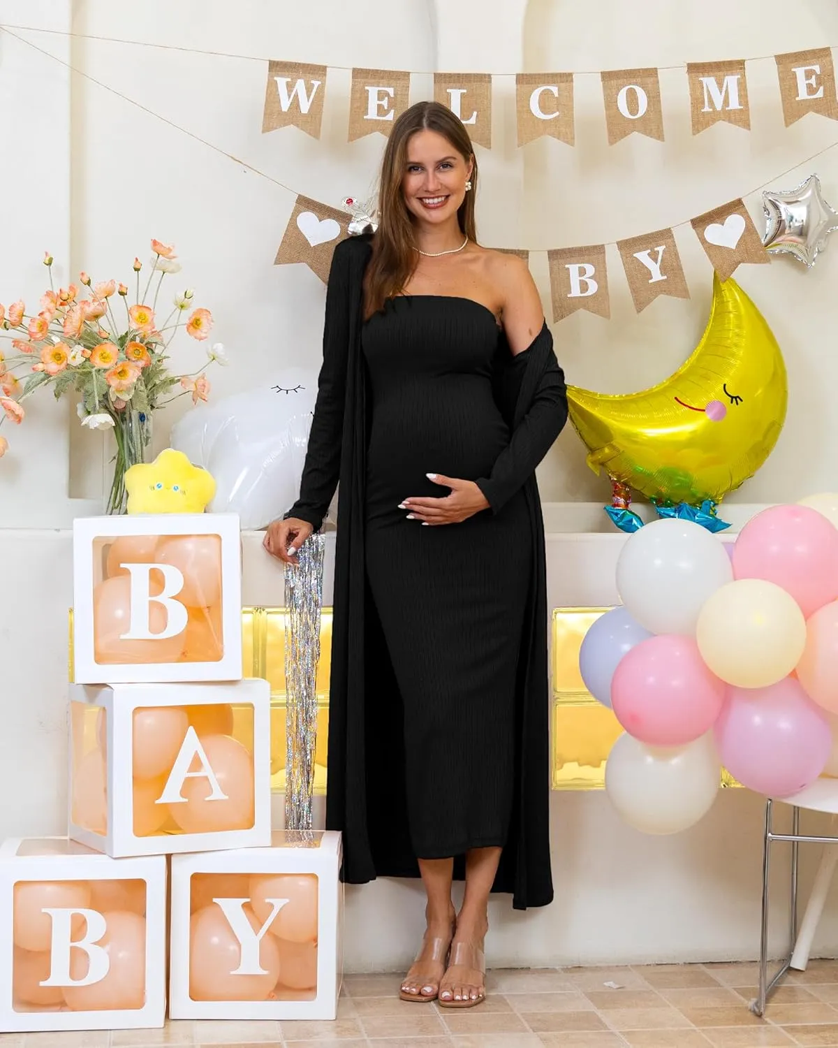 Rnxrbb 2 Piece Maternity Dress Cardigan Baby Shower Wedding Guest Summer Gender Reveal Photoshoot Tube Maternity Dress Long