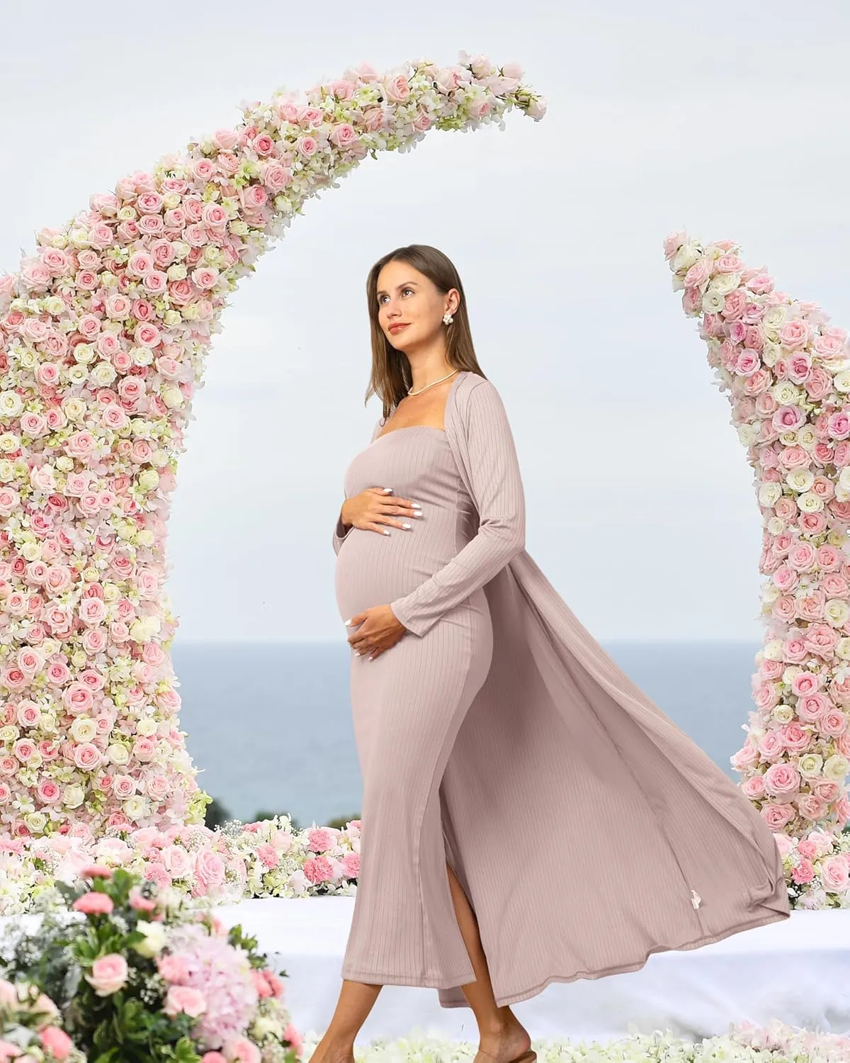 Rnxrbb 2 Piece Maternity Dress Cardigan Baby Shower Wedding Guest Summer Gender Reveal Photoshoot Tube Maternity Dress Long