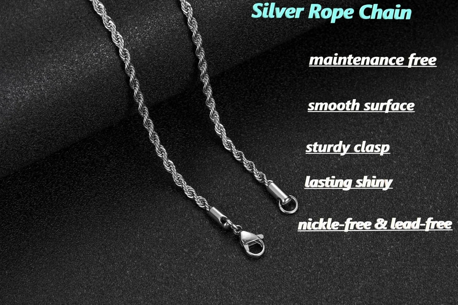 Rope Chain Necklace for Men, Silver Tone Chains for Men and Women, 2.5mm 3mm 4mm 5mm Stainless Steel Necklace Chain, Twist Mens Necklace