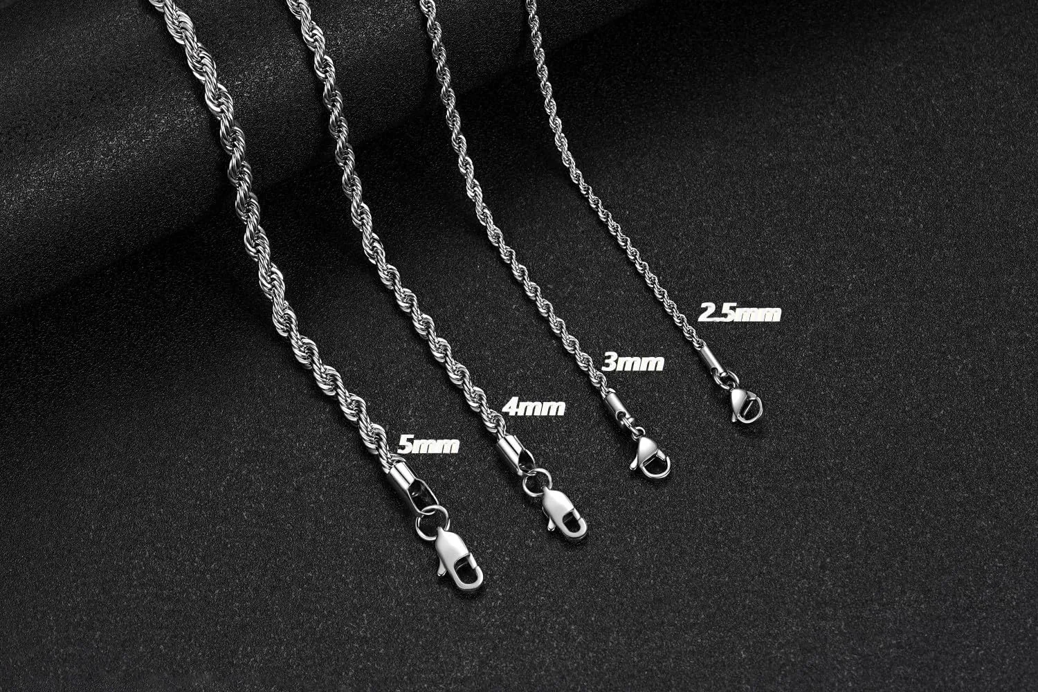 Rope Chain Necklace for Men, Silver Tone Chains for Men and Women, 2.5mm 3mm 4mm 5mm Stainless Steel Necklace Chain, Twist Mens Necklace