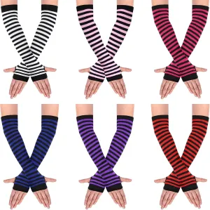 SATINIOR 6 Pairs Long Fingerless Gloves for Women Knit Thigh High Striped Arm Warmer Thumb Hole Stretchy Gloves
