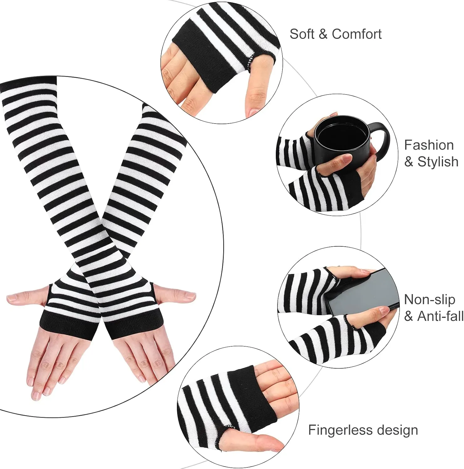 SATINIOR 6 Pairs Long Fingerless Gloves for Women Knit Thigh High Striped Arm Warmer Thumb Hole Stretchy Gloves