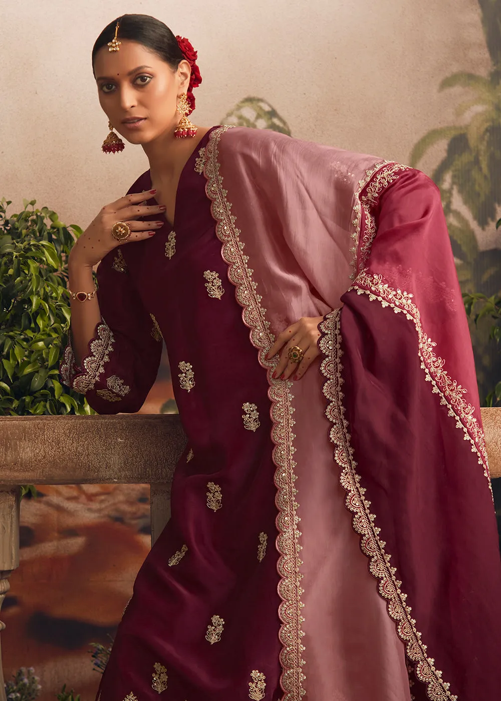 Silk Modale Maroon Embroidered Festive Palazzo Suit