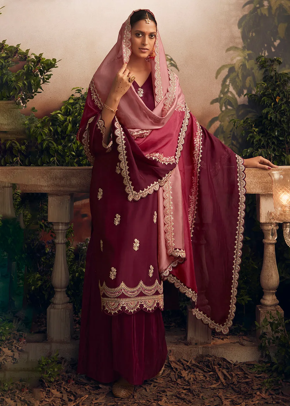 Silk Modale Maroon Embroidered Festive Palazzo Suit