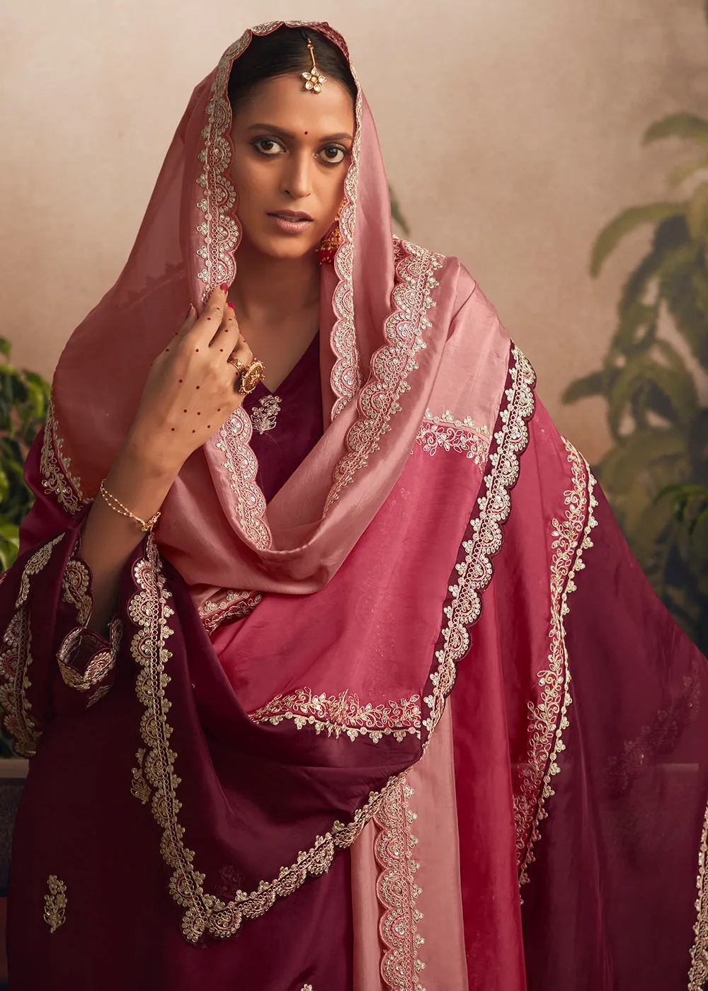Silk Modale Maroon Embroidered Festive Palazzo Suit