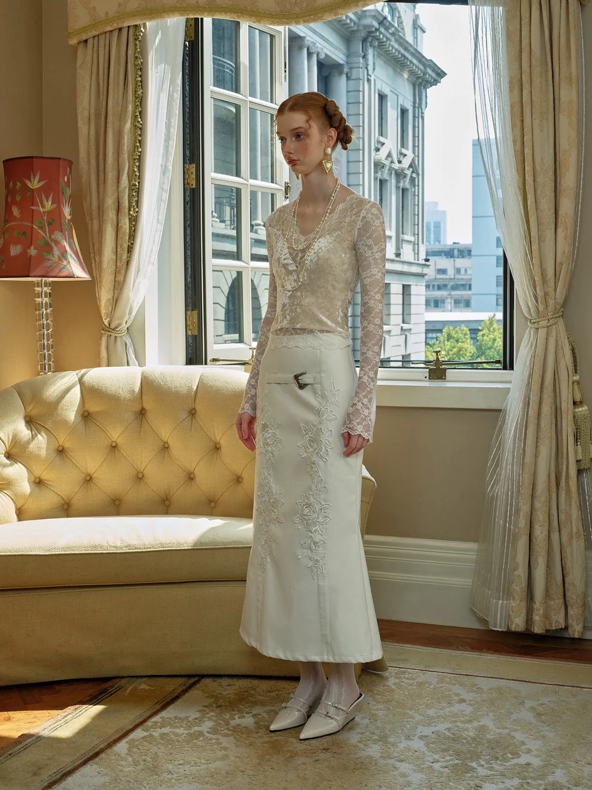 [Spoii Unosa] Embroidered Vintage White Court Skirt
