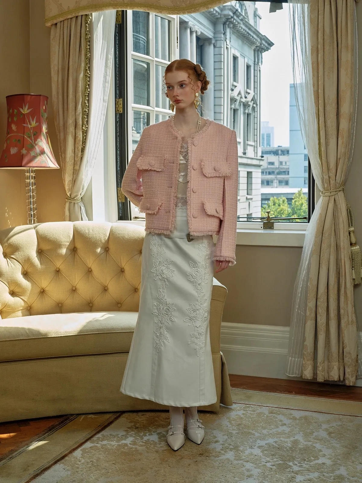 [Spoii Unosa] Embroidered Vintage White Court Skirt