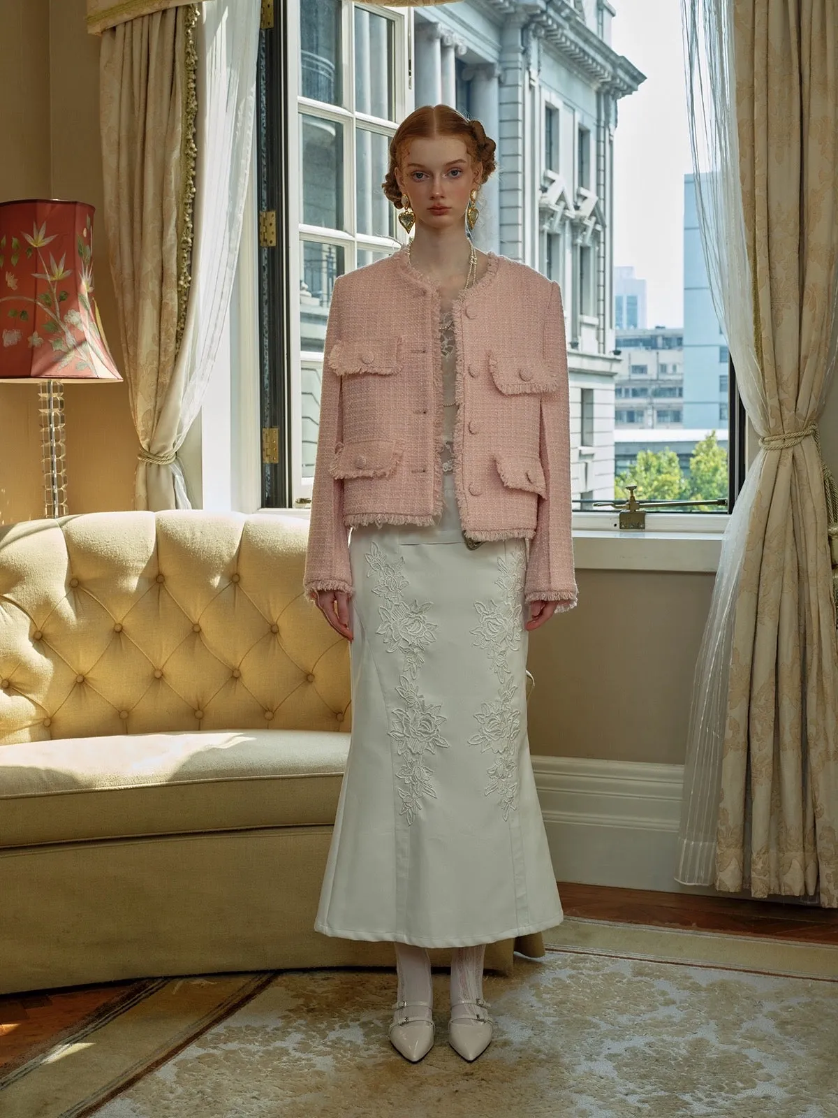 [Spoii Unosa] Embroidered Vintage White Court Skirt