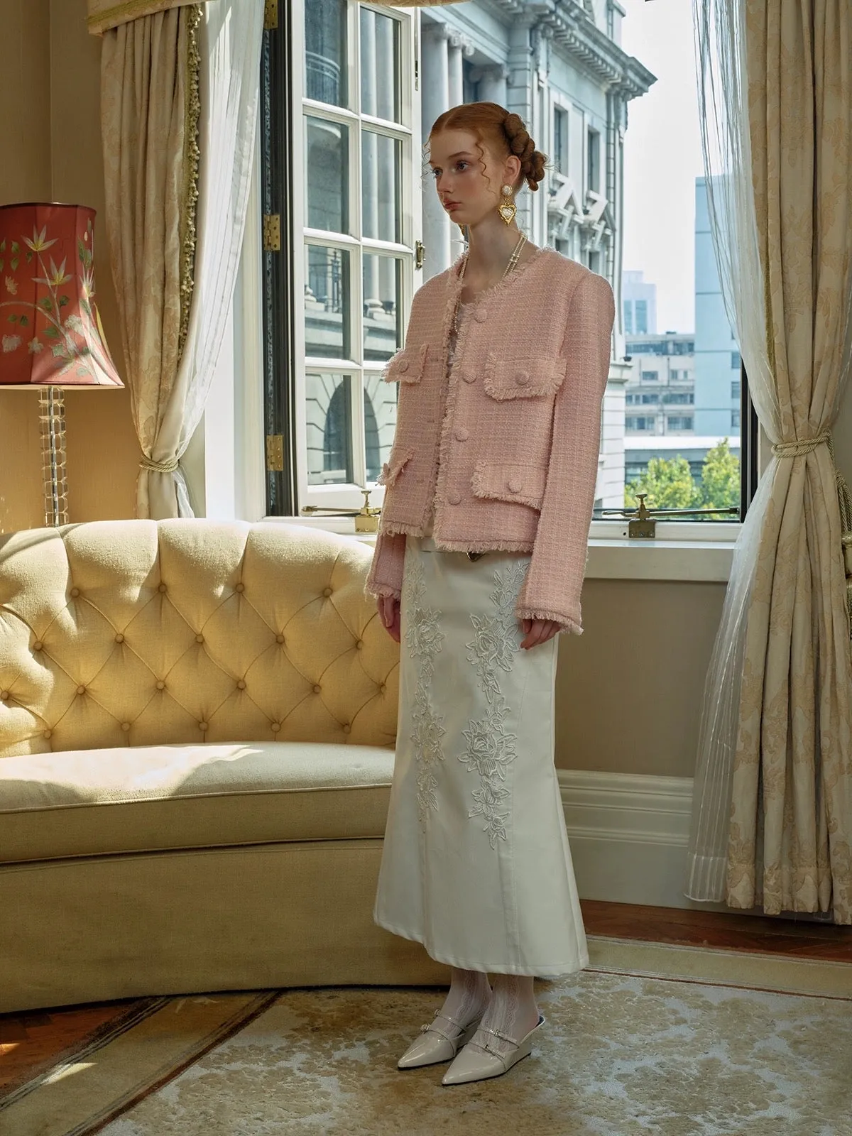 [Spoii Unosa] Embroidered Vintage White Court Skirt