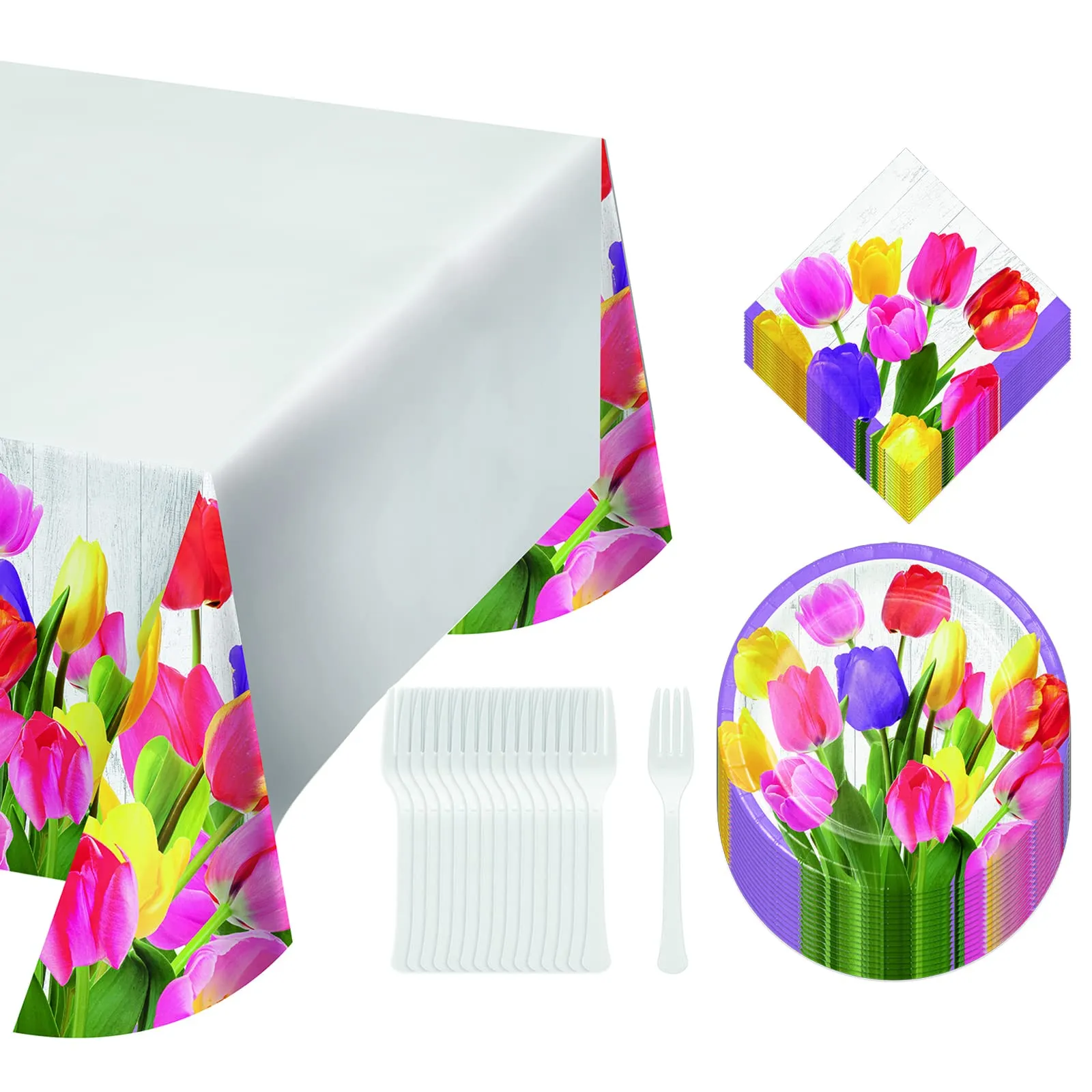 Spring Tulips Floral Bouquet Paper Dinner Plates, Lunch Napkins, Table Cover, and Forks