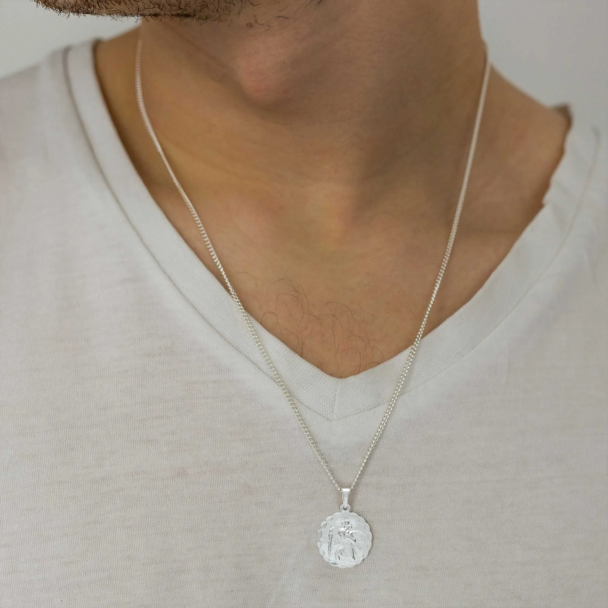 St. Christopher Ellipse Border Necklace (Cast Sterling Silver)