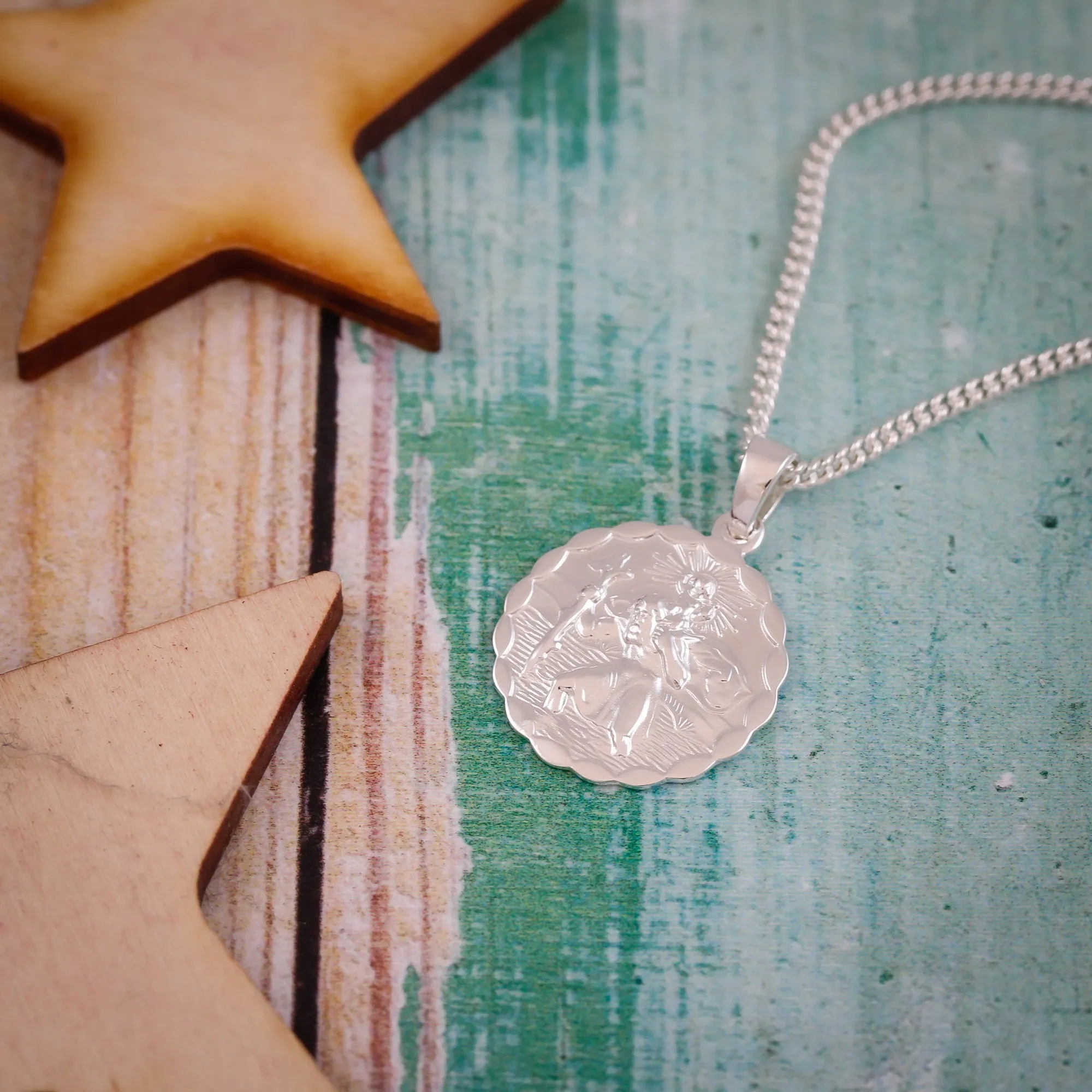 St. Christopher Ellipse Border Necklace (Cast Sterling Silver)