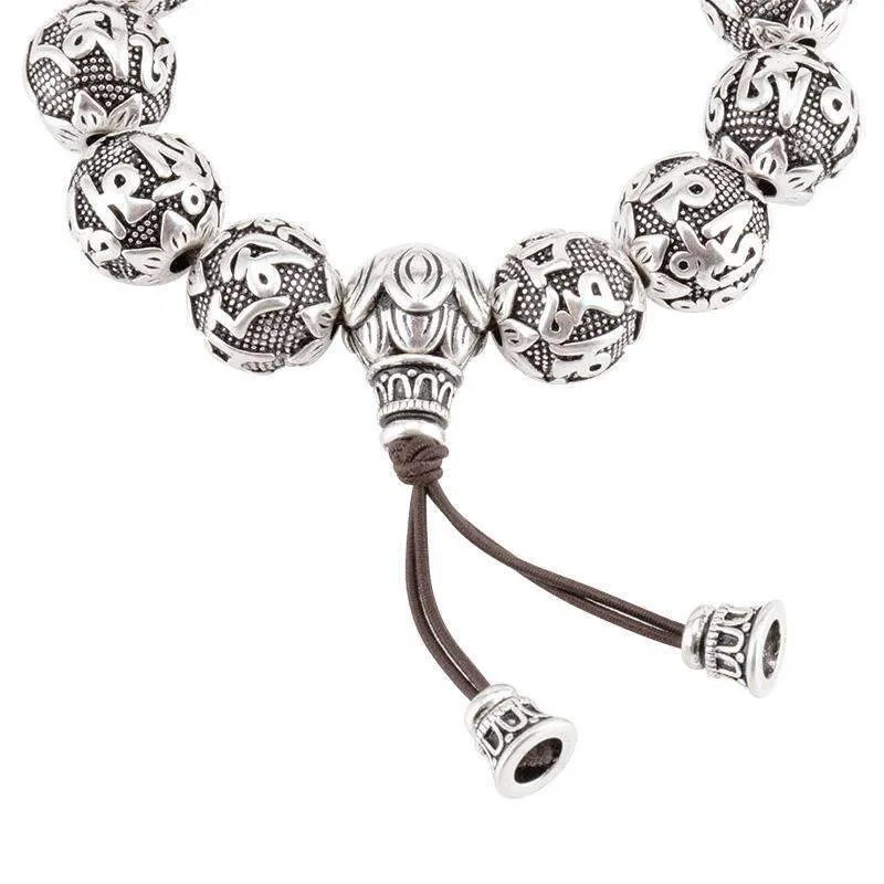 Tibetan Om Mani Padme Hum Mantra Silver Prayer Beads Bracelet