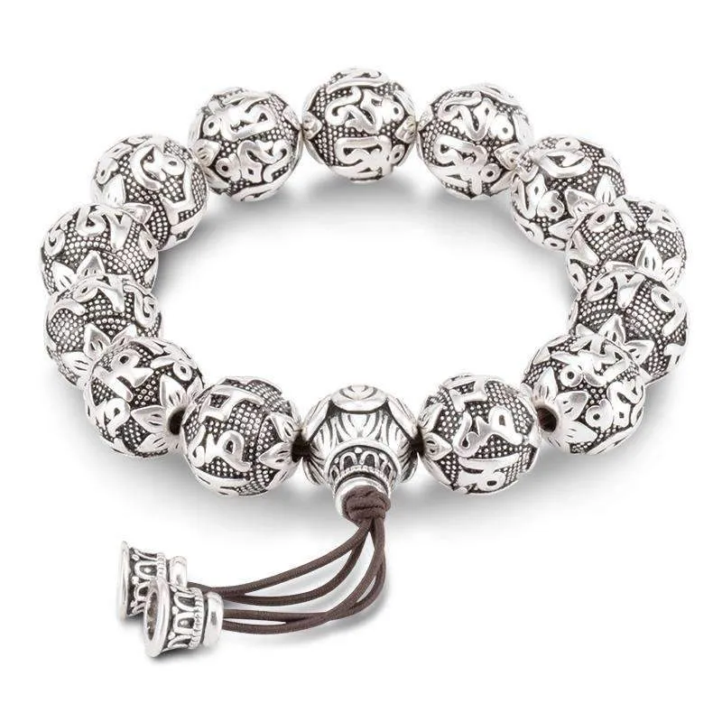 Tibetan Om Mani Padme Hum Mantra Silver Prayer Beads Bracelet