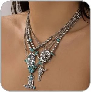 Western Necklaces for Women Turquoise Beaded Layered Chain Necklaces Boho Cowgirl Hat Boots Pendant Western Necklace Country Concert Cowgirl Dresses Accessories