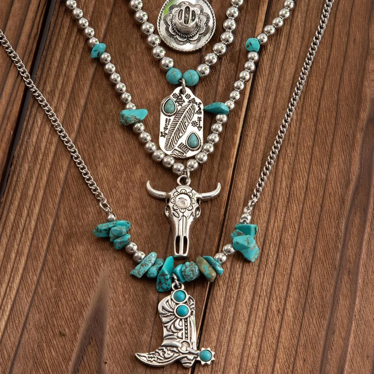 Western Necklaces for Women Turquoise Beaded Layered Chain Necklaces Boho Cowgirl Hat Boots Pendant Western Necklace Country Concert Cowgirl Dresses Accessories
