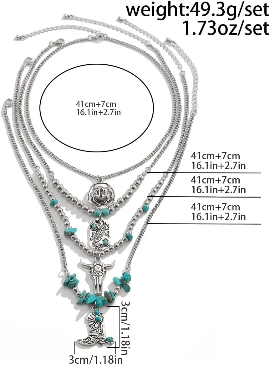 Western Necklaces for Women Turquoise Beaded Layered Chain Necklaces Boho Cowgirl Hat Boots Pendant Western Necklace Country Concert Cowgirl Dresses Accessories