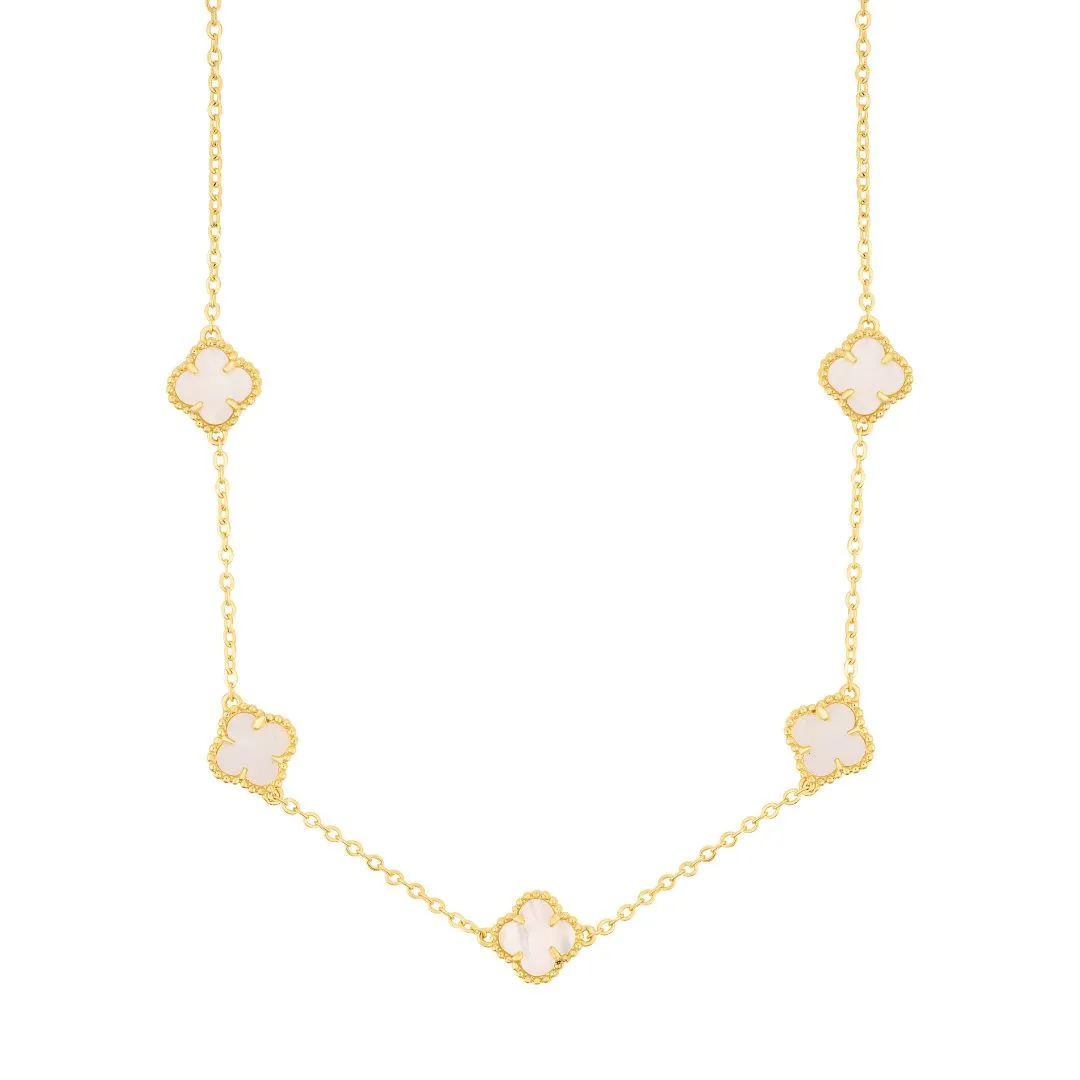 White Mother of Pearl Flower Station Necklace gold