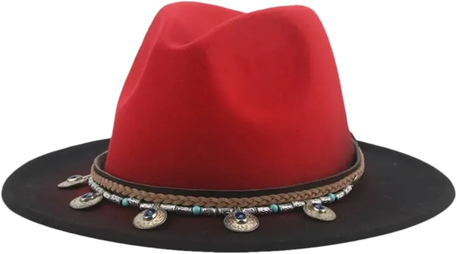 Women Fedoras Hats Mens Casual Gradient Color Cap Band Patchwork Panama Wide Brim Hat red 56-58cm