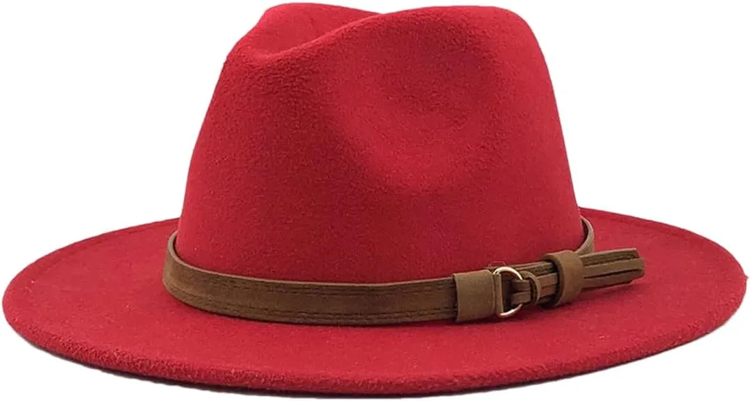 Women Men Fedora Hat with Leather Ribbon Gentleman Wide Brim Jazz Church Panama Sombrero Cap Red Child 52-54CM