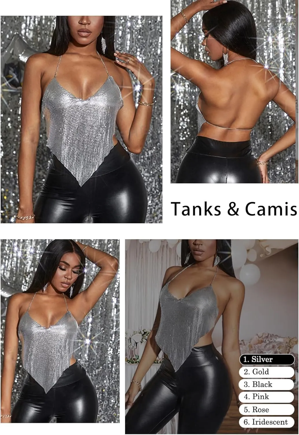 Womens Sexy Sparkly Chain Top Metallic Sequin Rhinestone Halter Backless Crop Outfit Party Club Tank Shirt(Sliver/Gold)