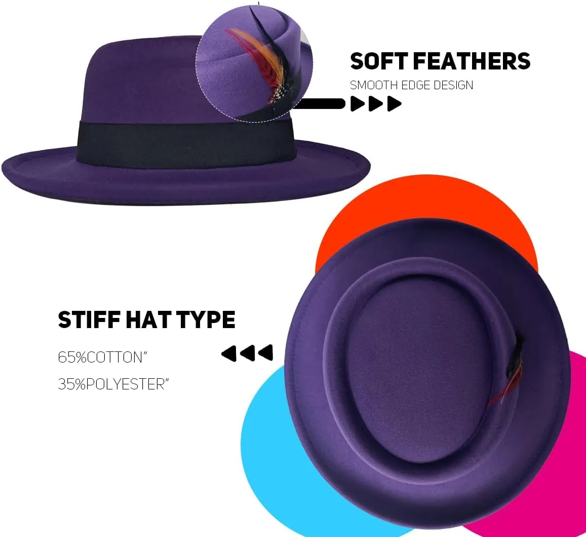 Wool Felt Fedora Hats for Women Men, Wide Brim Flat Top Hat Porkpie Hat, Jazz Hat with Feather Unisex