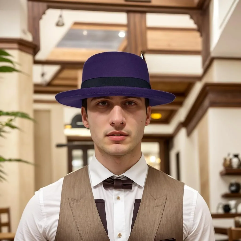 Wool Felt Fedora Hats for Women Men, Wide Brim Flat Top Hat Porkpie Hat, Jazz Hat with Feather Unisex