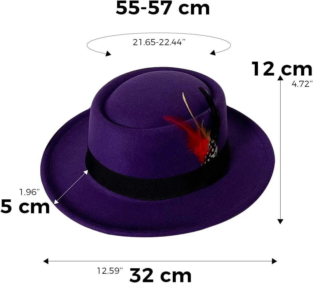 Wool Felt Fedora Hats for Women Men, Wide Brim Flat Top Hat Porkpie Hat, Jazz Hat with Feather Unisex
